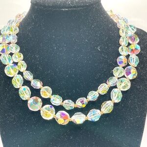 Vintage Lisner Signed AB Glass Rhinestone Two Strand Choker Necklace